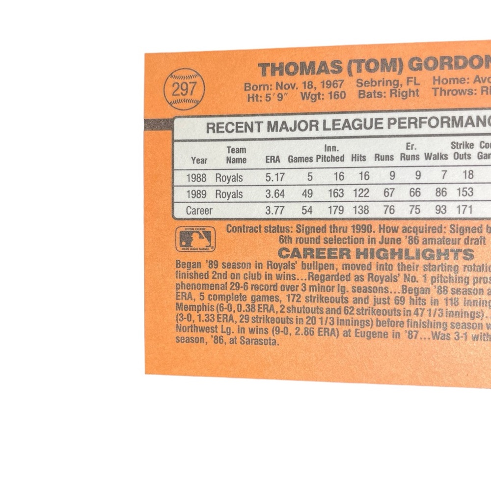 1989 tom gordon kansas city royals donruss baseball card # 297 - Picture 3 of 5